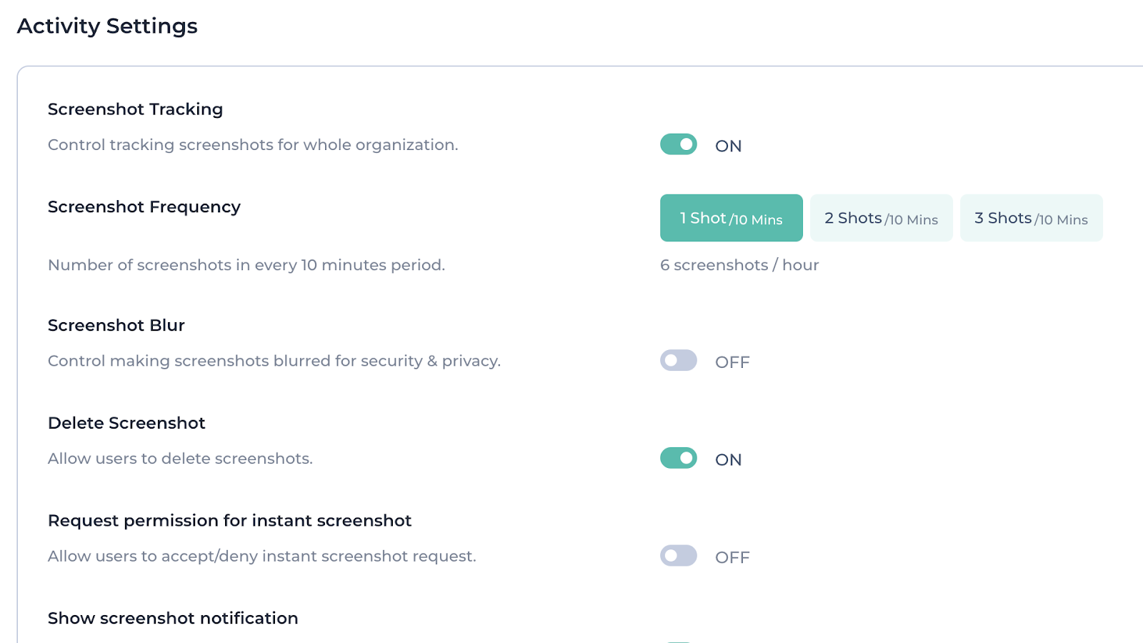 With Apploye's activity settings, you can blur screenshots, let users delete screenshots, and require permission to take screenshots.