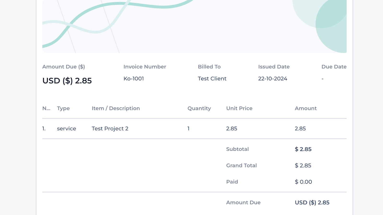 A screenshot of a client invoice generated on Apploye. It shows the service, quantity, unit price, amount due, and more.