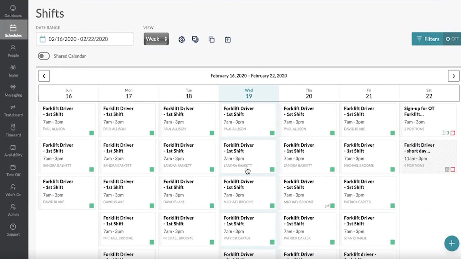 A weekly calendar in Shiftboard showing all assigned and open shifts.