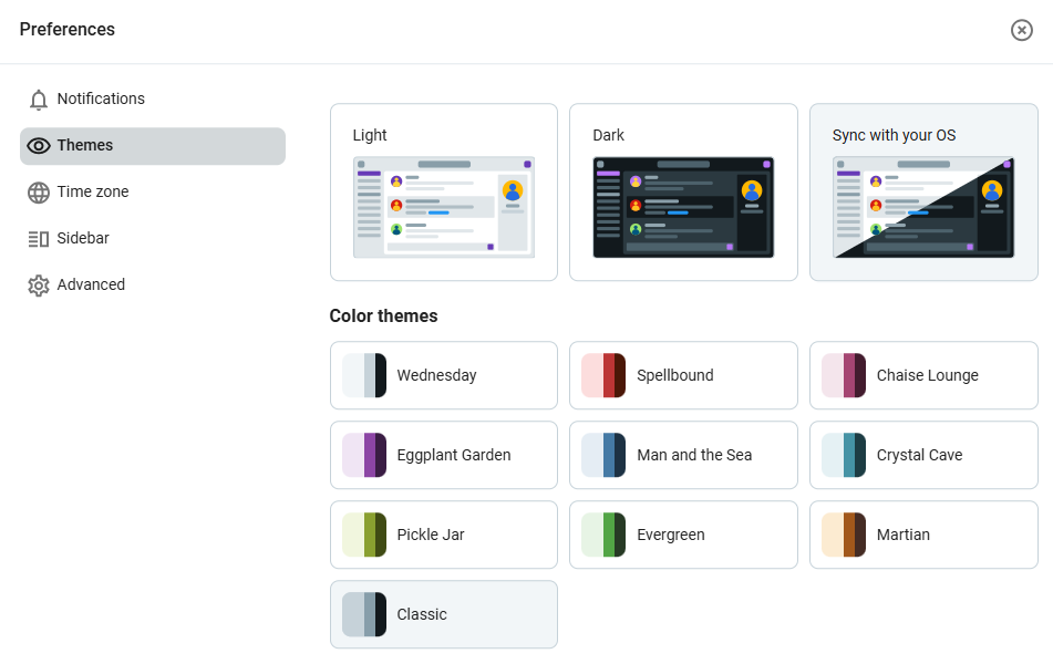 Screenshot showing Pumble’s color themes