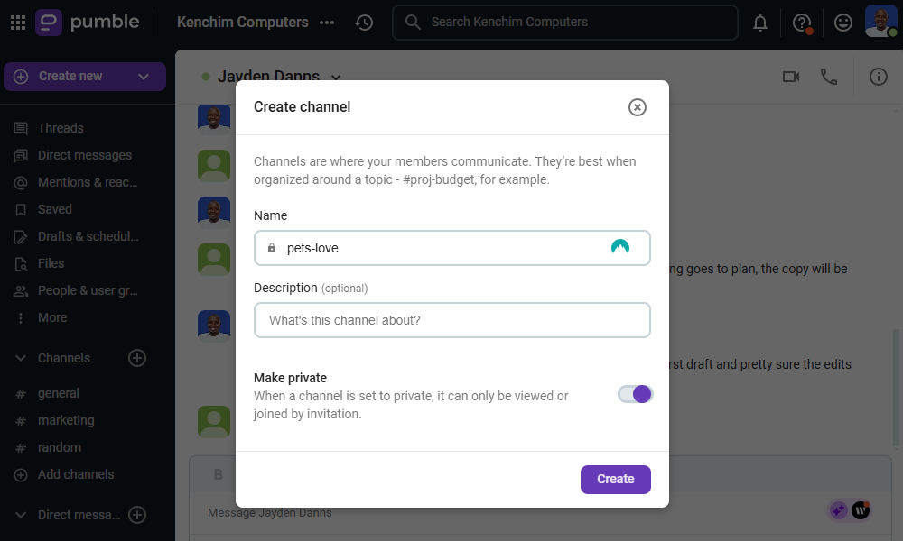 Screenshot showing create channel popup in Pumble