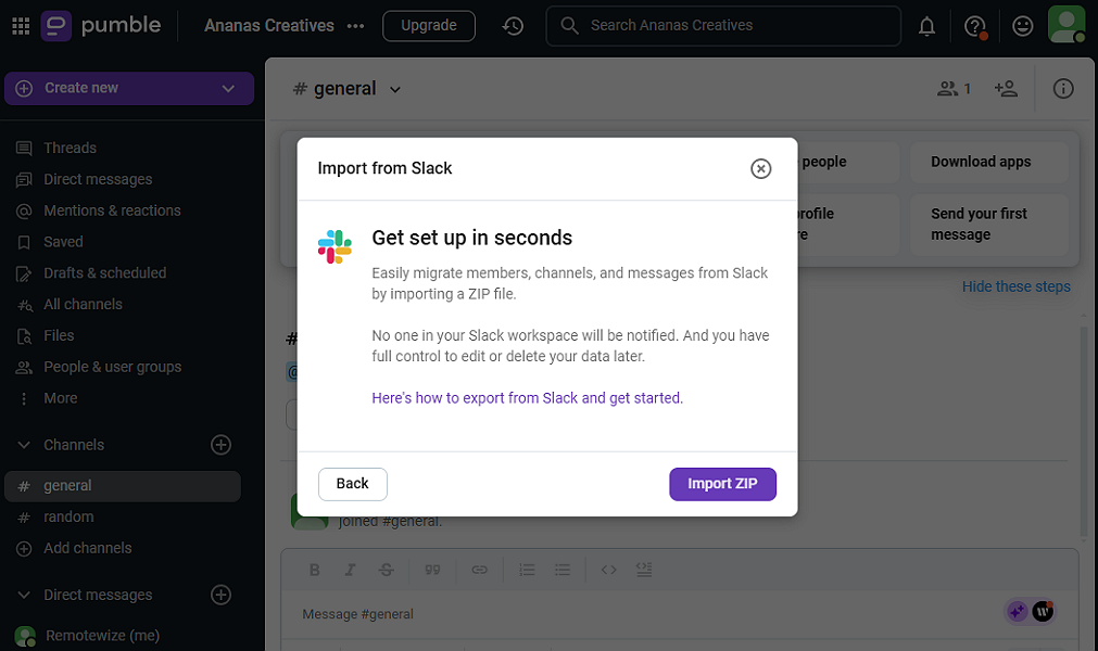 Screenshot showing import from Slack options in Pumble