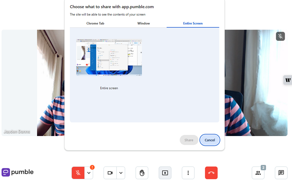 Screenshot showing Pumble’s screen sharing feature