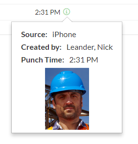 ExakTime time entry detail showing punch time, source device, creator, and employee photo.