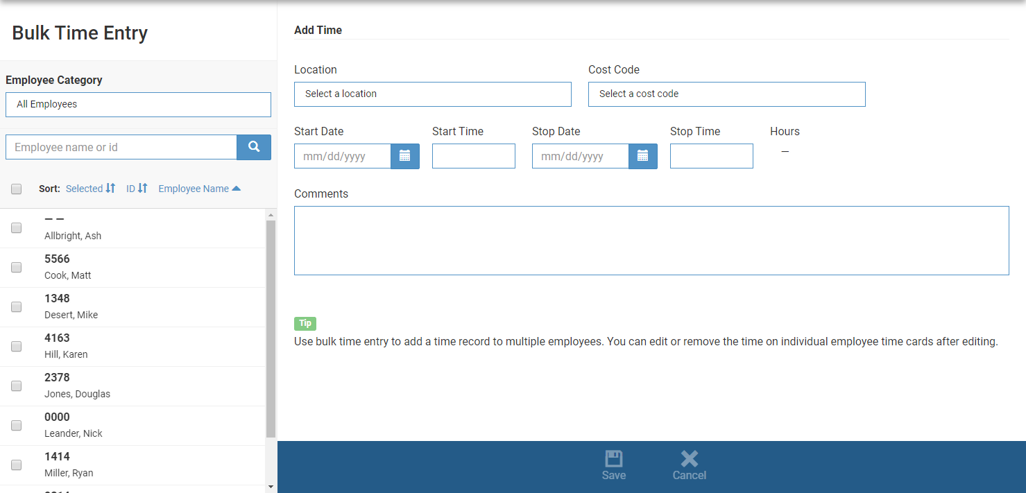 ExakTime Bulk Time Entry screen showing options to select employees, location, cost code, start and stop dates, times, and comments.