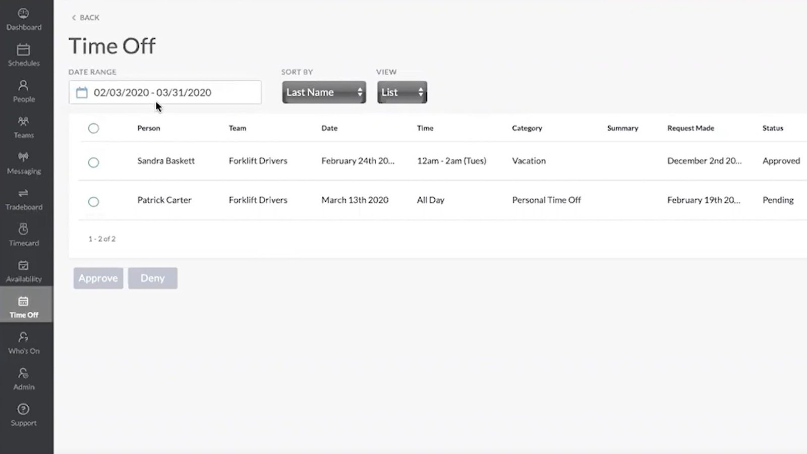 A view of pending and approved time off requests for a specific date range in Shiftboard.