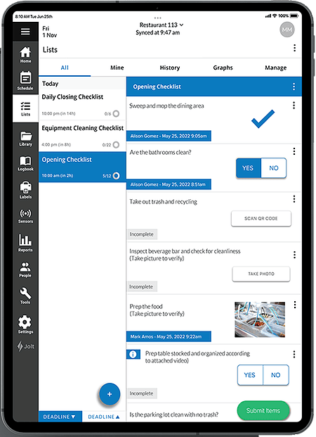 Tablet displaying the Jolt app with various checklists for restaurant management, including daily opening, closing, and equipment cleaning tasks.