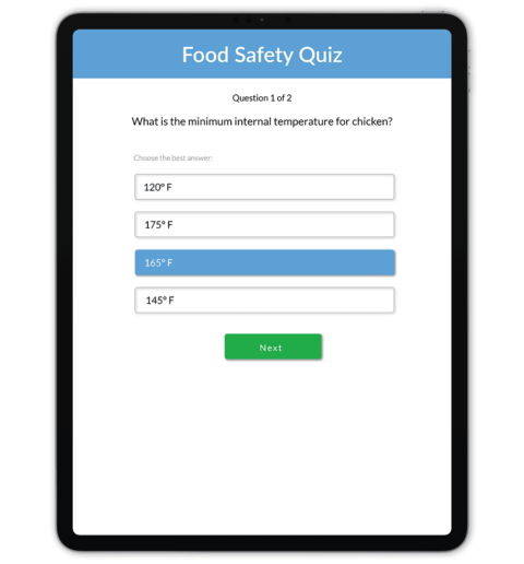  Tablet screen displaying a "Food Safety Quiz" with a question and multiple answer choices.