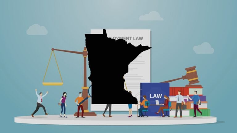 A composite image of the outline of the state of Minnesota and labor law concepts