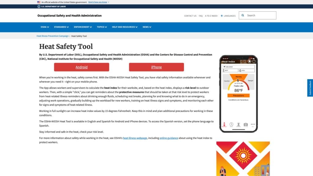 A screenshot of the OSHA heat safety tool website