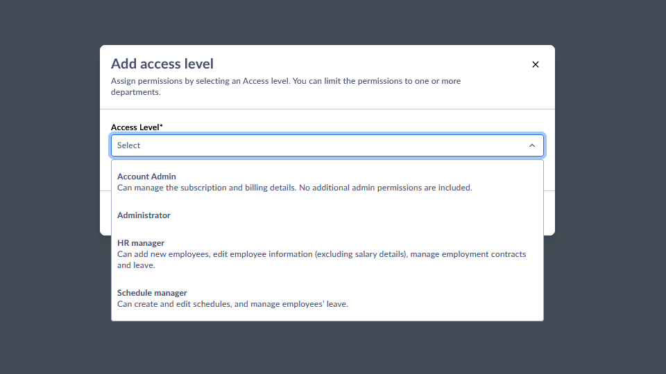 Screenshot of the additional access level options within Planday, including Account Admin, Administrator, HR manager, and Schedule manager.