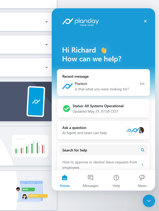 Planday help widget showing a recent Planbot message, system status marked &ldquo;All Systems Operational,&rdquo; an Ask a question card for the AI agent and team, a help search bar, and bottom navigation tabs.