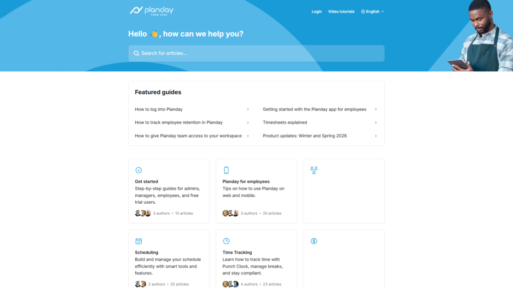 Planday help center homepage with a search bar, featured guides for setting up Planday, Punch Clock, and scheduling, plus help categories for employees, managers, and time tracking.