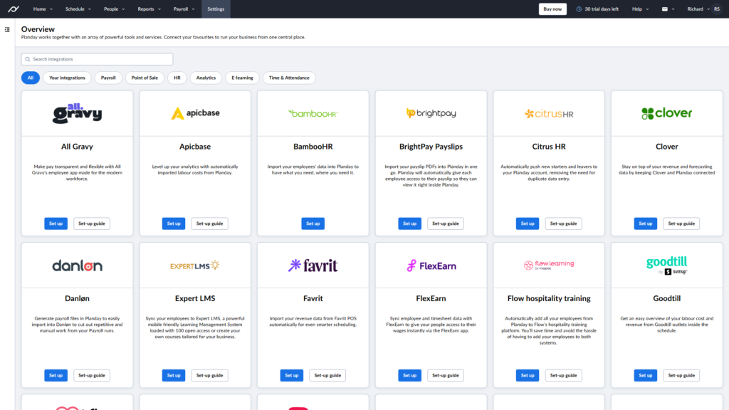Planday integrations overview showing app cards for third-party tools, including payroll, POS, tipping, training, and employee-engagement systems. Each card has an Install button or setup link.