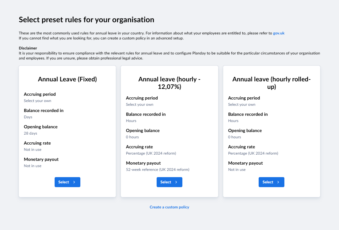 Planday leave-policy setup wizard showing preset annual-leave rules for a UK-based company. There are 3 policy card options: annual leave (fixed), annual leave (hourly), and annual leave (hourly rolled up).