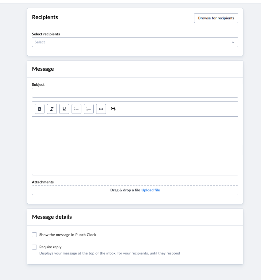 Planday new-message form with recipient selection, a subject line, a large formatted message box, a file attachment area, and checkboxes for showing the message in Punch Clock or requiring a reply.