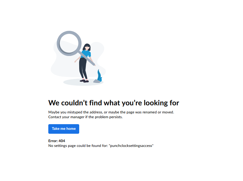 Planday onboarding error page saying it couldn&rsquo;t find the requested page. Below the Take me home button, the error message says no settings page could be found for &ldquo;punchclocksettingsaccess.&rdquo; 