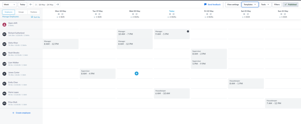 Planday weekly shift scheduler showing employees in rows and days in columns. Several manager, supervisor, and housekeeper shifts are placed across the week, with schedule controls in the toolbar above.