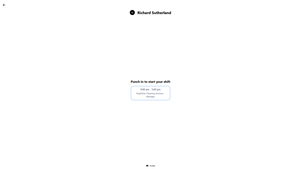 Planday browser kiosk showing an available shift for a user. A small central card lists a 9:00 am to 5:00 pm Manager shift at Brightline Cleaning Services for punching in.