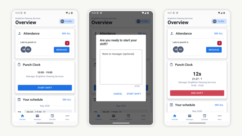 3 Planday mobile screens showing the time tracking workflow: a shift card with a Start shift button, a &ldquo;Are you ready to start your shift&rdquo; confirmation screen with a note field, and a running timer within an End shift button.