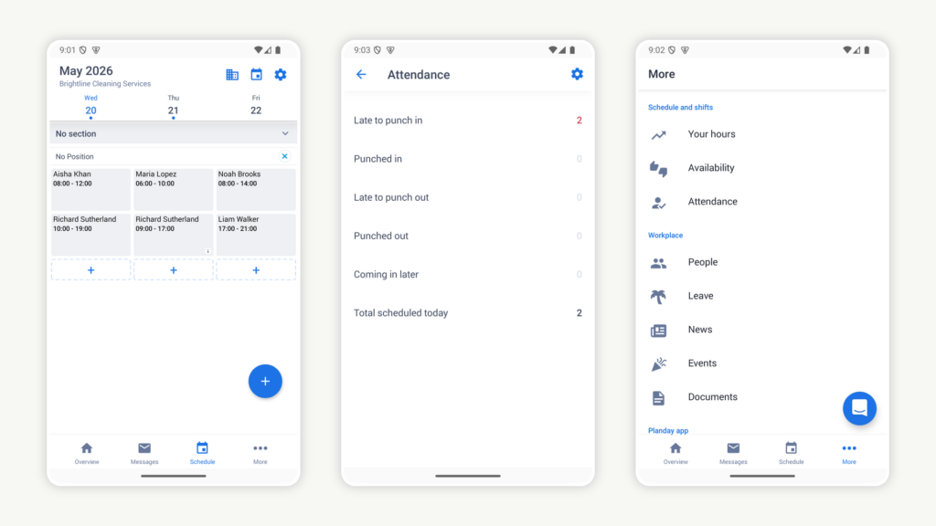 3 Planday mobile screens showing a weekly schedule, an Attendance page with late punch-in and punched-out counts, and a More menu with links for Your hours, Availability, Attendance, People, News, Events, and Documents.
