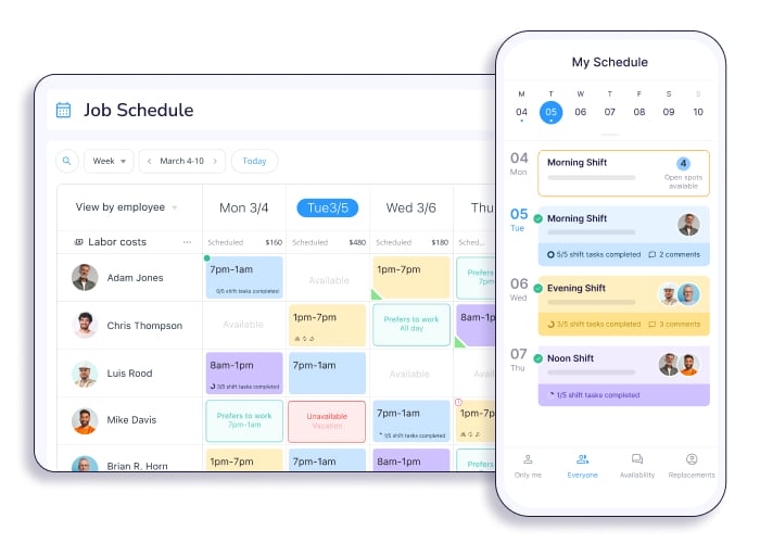 Desktop and mobile mockup showing illustration of job scheduling at connecteam's app