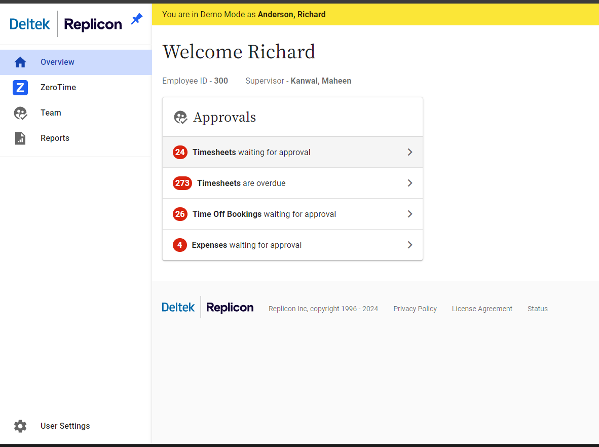 The dashboard view in Replicon displaying pending approvals for a supervisor, including timesheets and expenses.