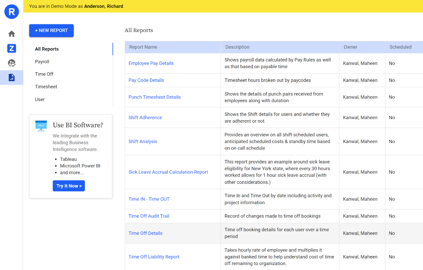 The Replicon reports section offers detailed insights into payroll, time off, timesheets, and shifts.