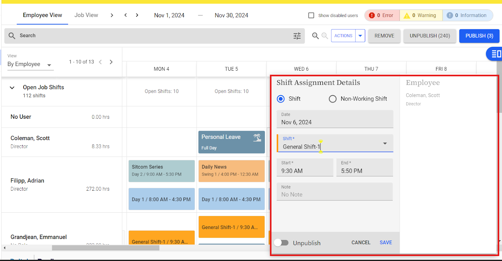 Screenshot of the Replicon scheduling interface with options for assigning shifts, highlighting a detailed pop-up for editing a specific shift assignment.