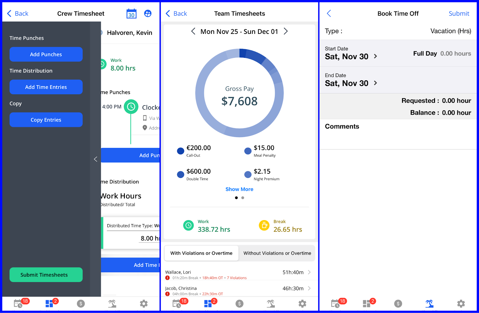 A collage of Replicon’s mobile app highlighting features for managing crew timesheets, viewing team payroll summaries, and booking time off.