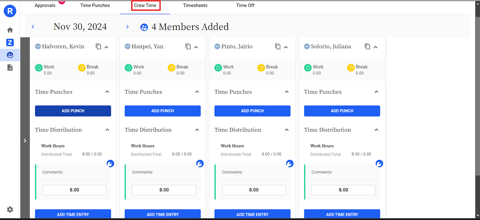 The Replicon dashboard for crew time management features individual panels for each crew member, enabling detailed tracking and editing of work and break times.