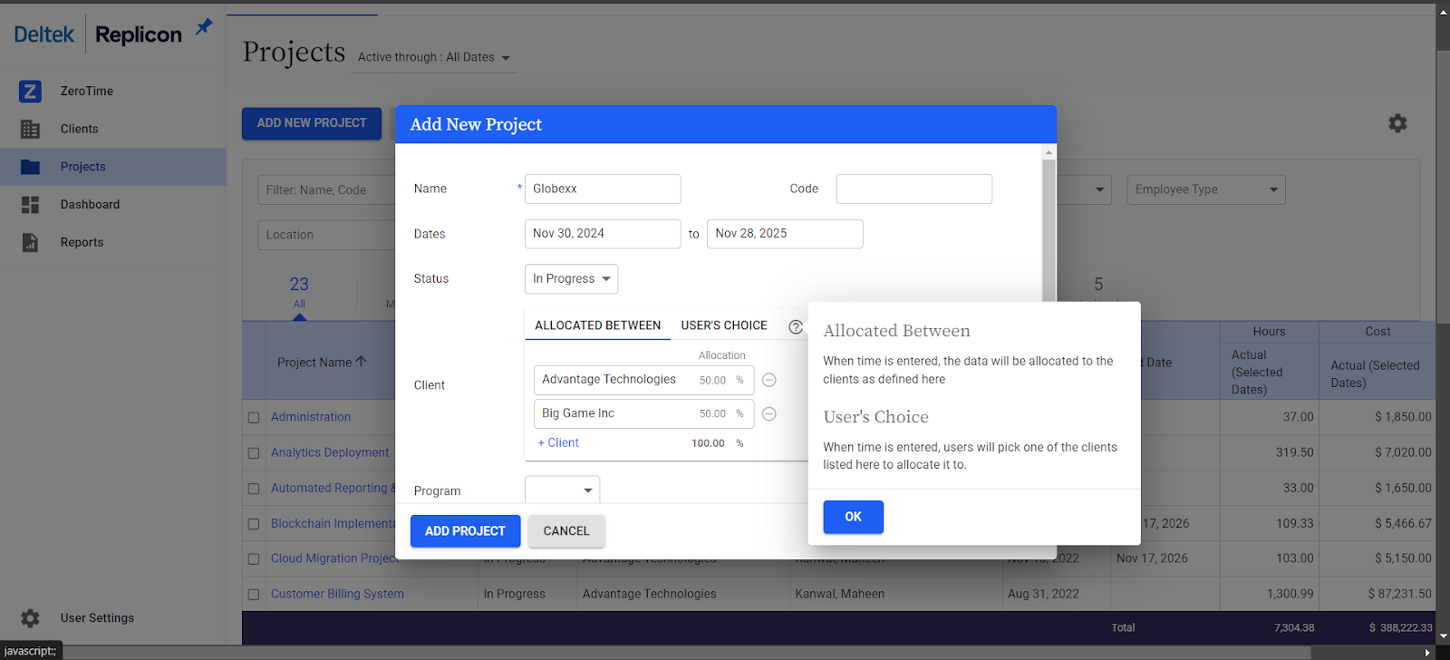 The Replicon interface shows a project setup screen, enabling users to define project details and distribute time allocation across multiple clients for effective management and billing. 