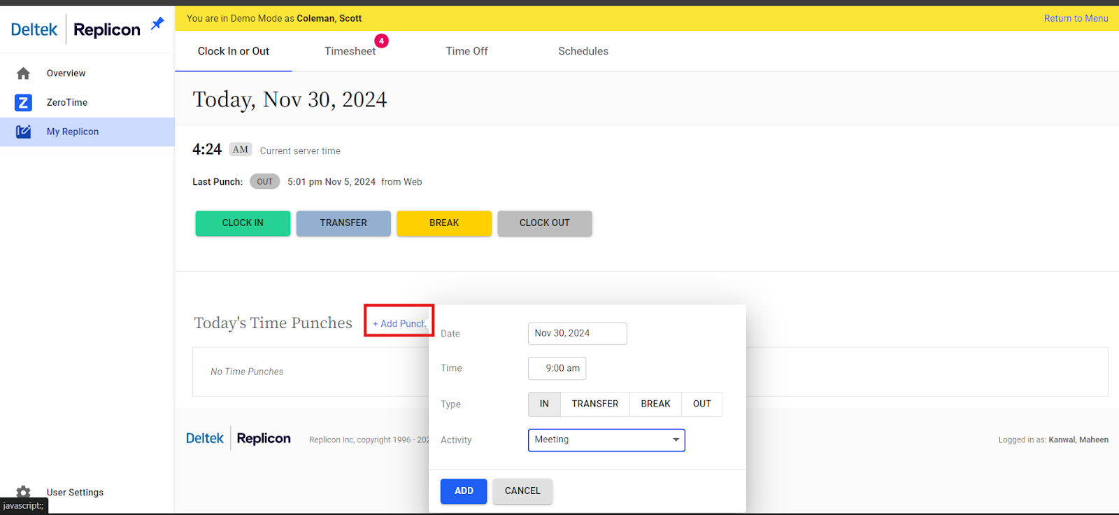 Screenshot of the Replicon web interface for time management, showing options to clock in, transfer, take a break, or clock out.