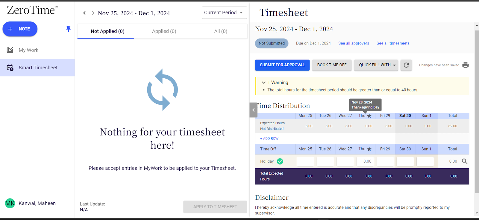 Screenshot of the Replicon ZeroTime displaying a weekly timesheet page with time distribution details.