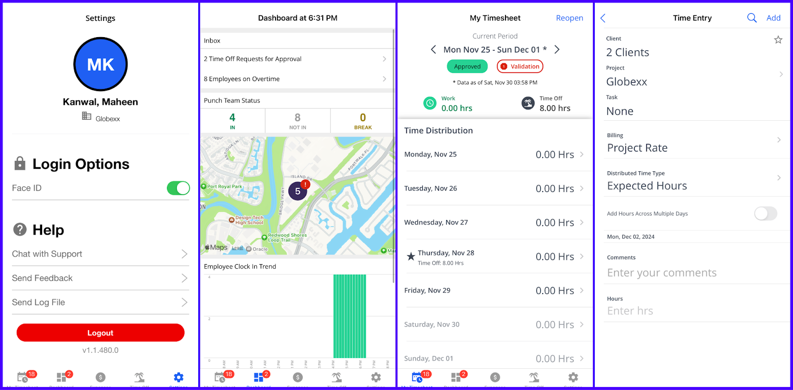 Multiple tabs from the Replicon mobile app showing Face ID login, employee location map, and timesheet entry.