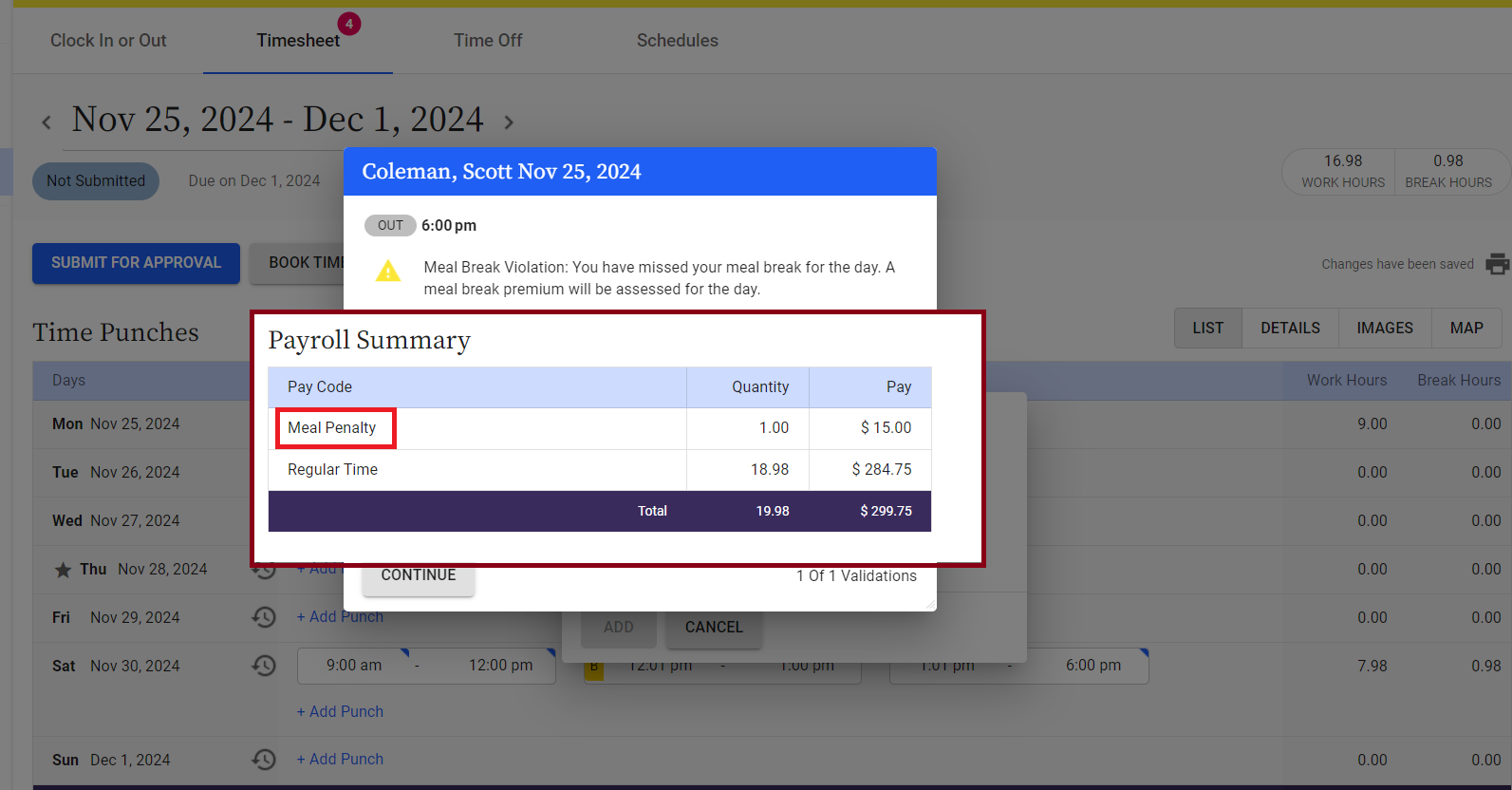 Screenshot of the Replicon timesheet showing a meal break violation alert and a payroll summary with a meal penalty for the missed break.