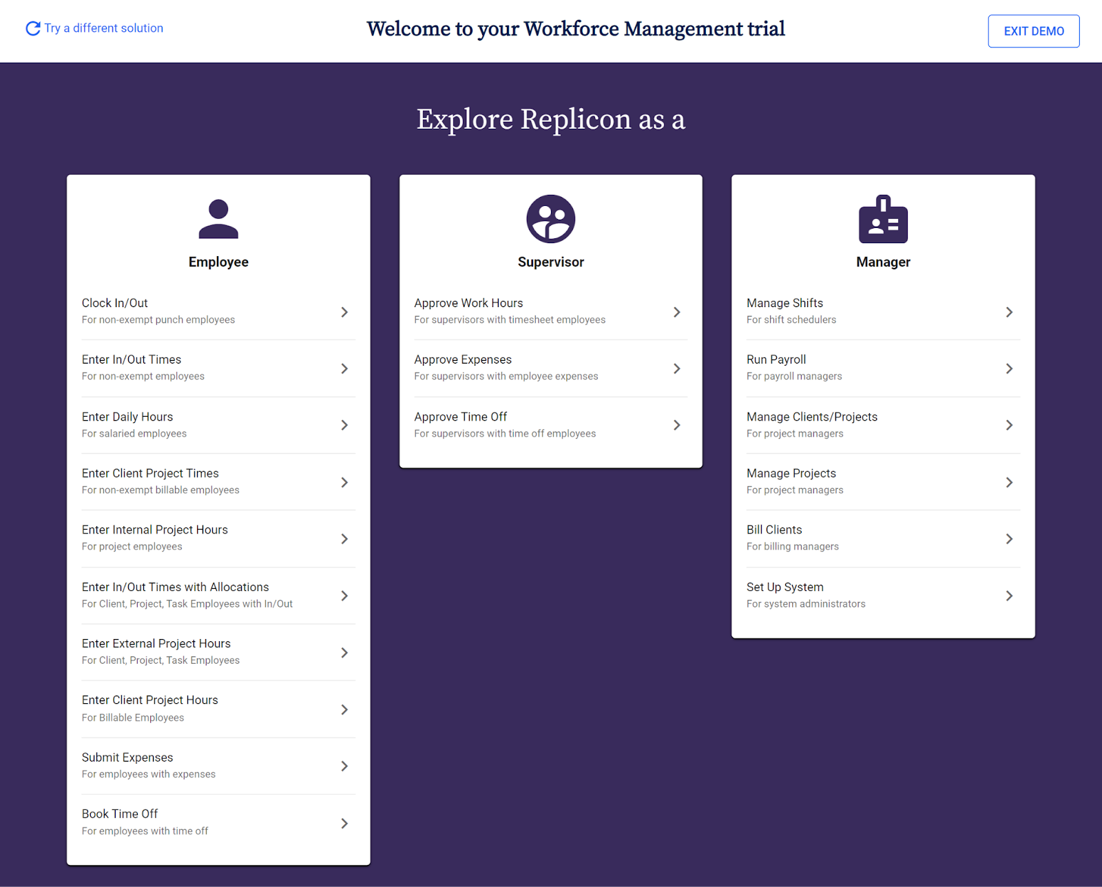 Replicon's workforce management software interface displaying 3 user roles—Employee, Supervisor, and Manager—each with specific functions listed.