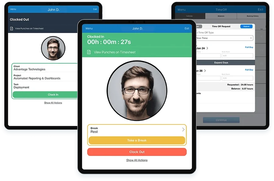 Display of an iPad application tailored for time management, showcasing the seamless user experience for clocking in, managing breaks, and requesting time off.