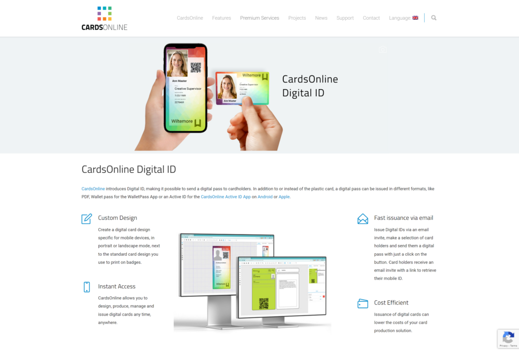 Webpage for CardsOnline showcasing a digital employee ID on a smartphone next to a physical card, with text highlighting features.