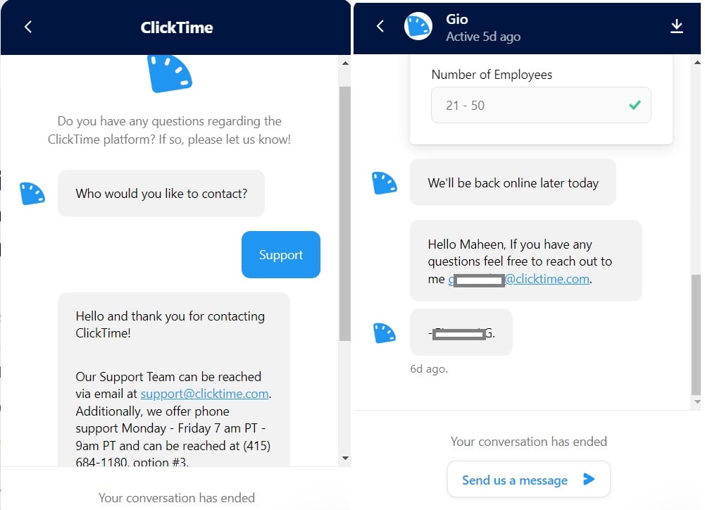 Screenshot of ClickTime support chat interface showing conversations with automated support and a representative.