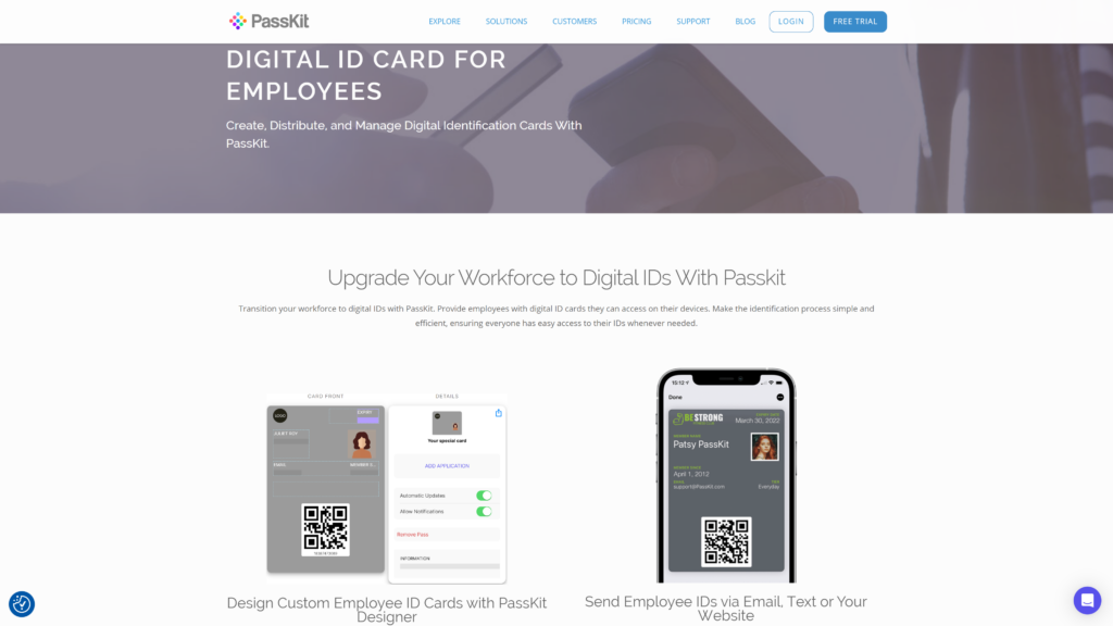 PassKit’s digital ID card webpage displaying digital employee ID cards with a smartphone showcasing an ID example and feature descriptions.