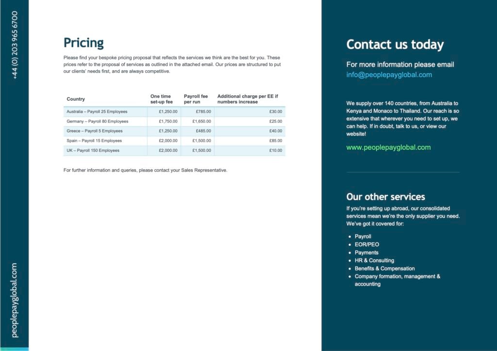 A screenshot of a pricing proposal for PeoplePay