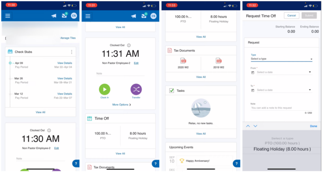 Four screen views of the Paychex Flex mobile app, where employees can check stubs, track time, view tax documents, and request time off.