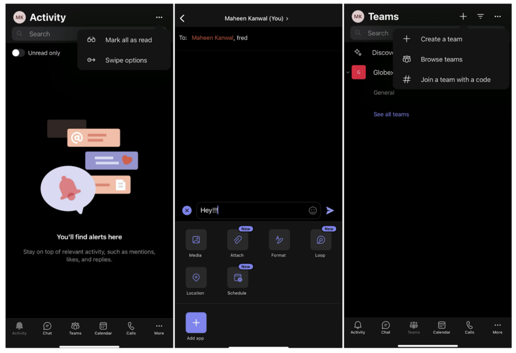 Screenshots of the Microsoft Teams mobile app, displaying the Activity, Chat, and Teams tabs with various functions like unread alerts, message options, and team management tools.