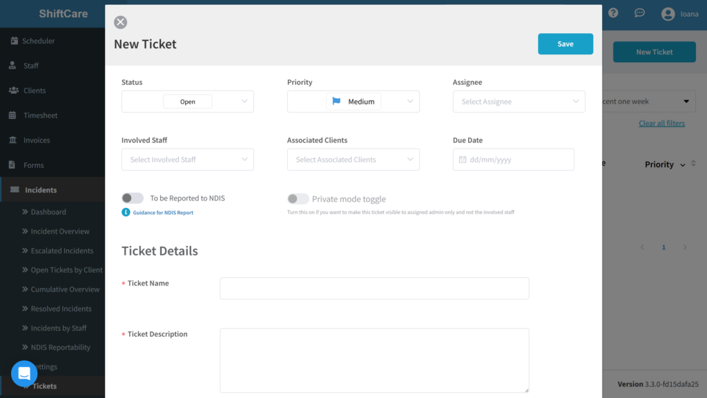 Screenshot of a new incident ticket in ShiftCare, including priority level, due date, title, and description. 