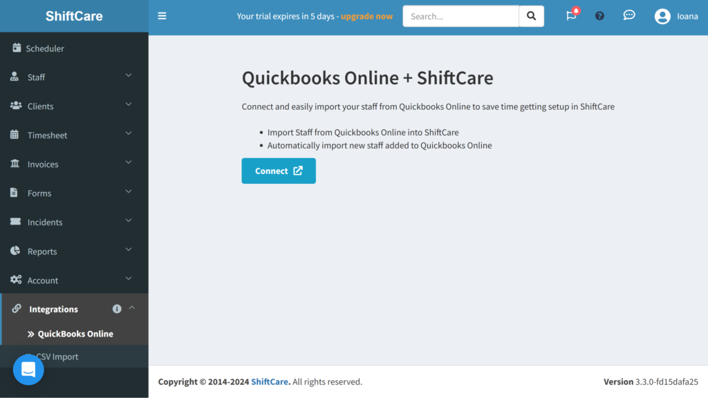 Screen where you connect ShiftCare with QuickBooks Online.