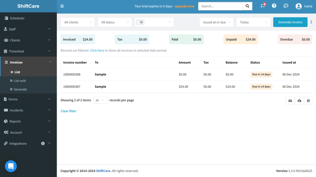 A screenshot of ShiftCare's invoice list, including paid and unpaid amounts.