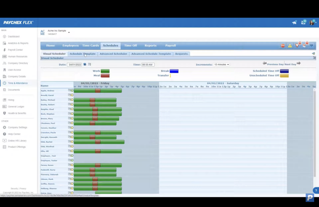 Paychex’s visual scheduler lets you see which shifts overlap and which need to be filled.