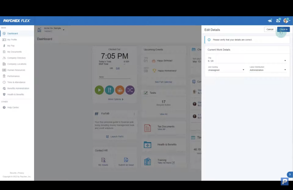 The mouse hovers over the “Clock In” button on Paychex’s web application.