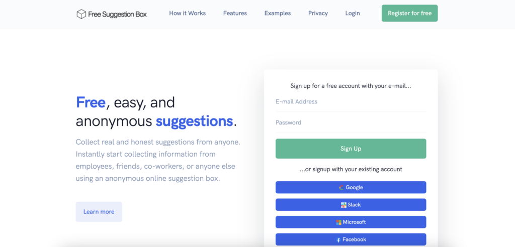 Free Suggestion Box homepage showing overview of platform, sign-up function, and main menu